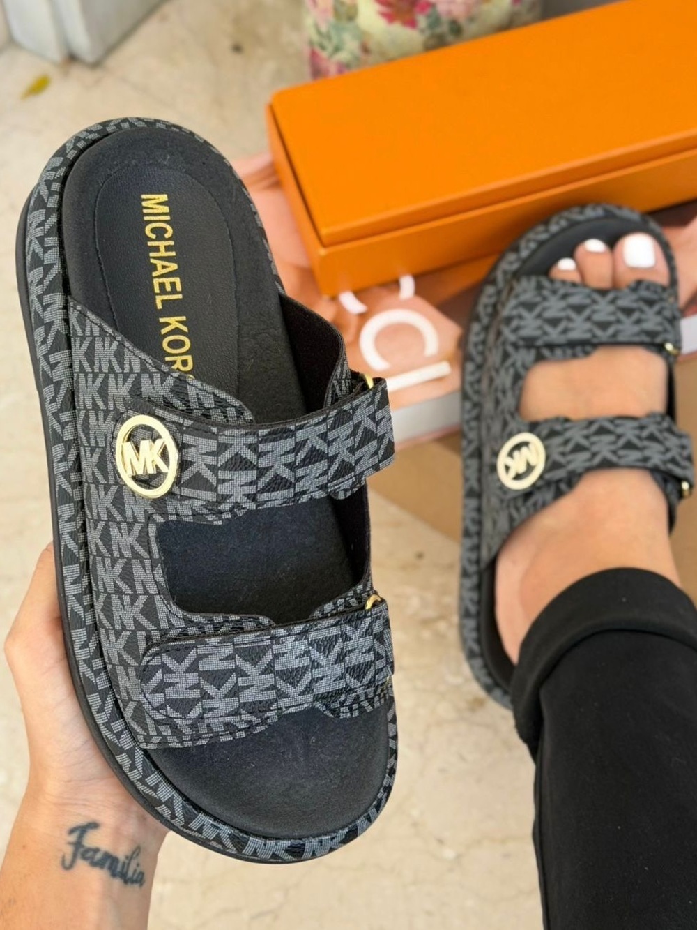 Michael Kors  Black MK Monogram Double-Strap Slide Sandals
